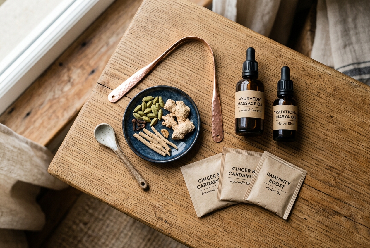 A flatlay of a copper tongue scraper, herbal oils, and Ayurvedic herbs on a wooden table