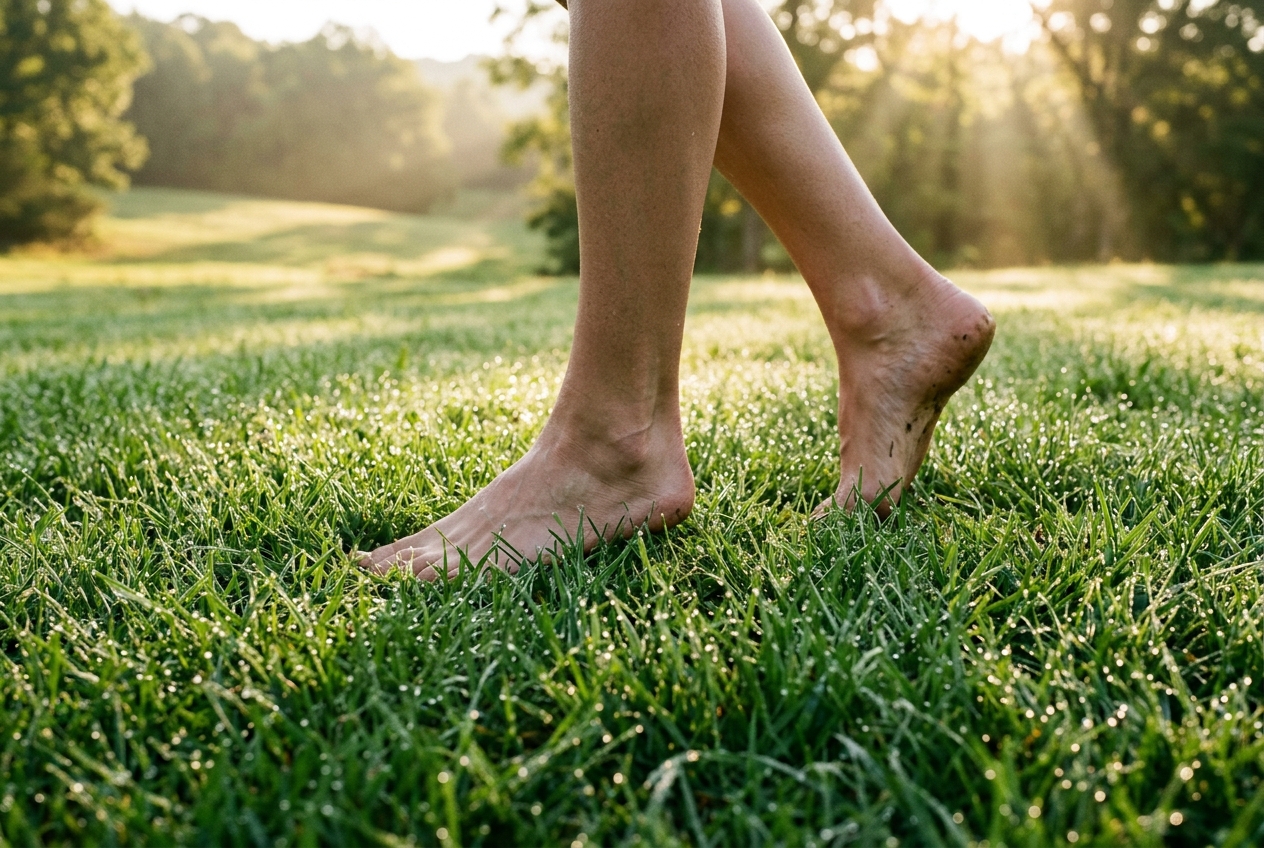 A close-up photograph of a person’s bare feet walking through soft green grass dew-covered field illuminated by morning sunbeams