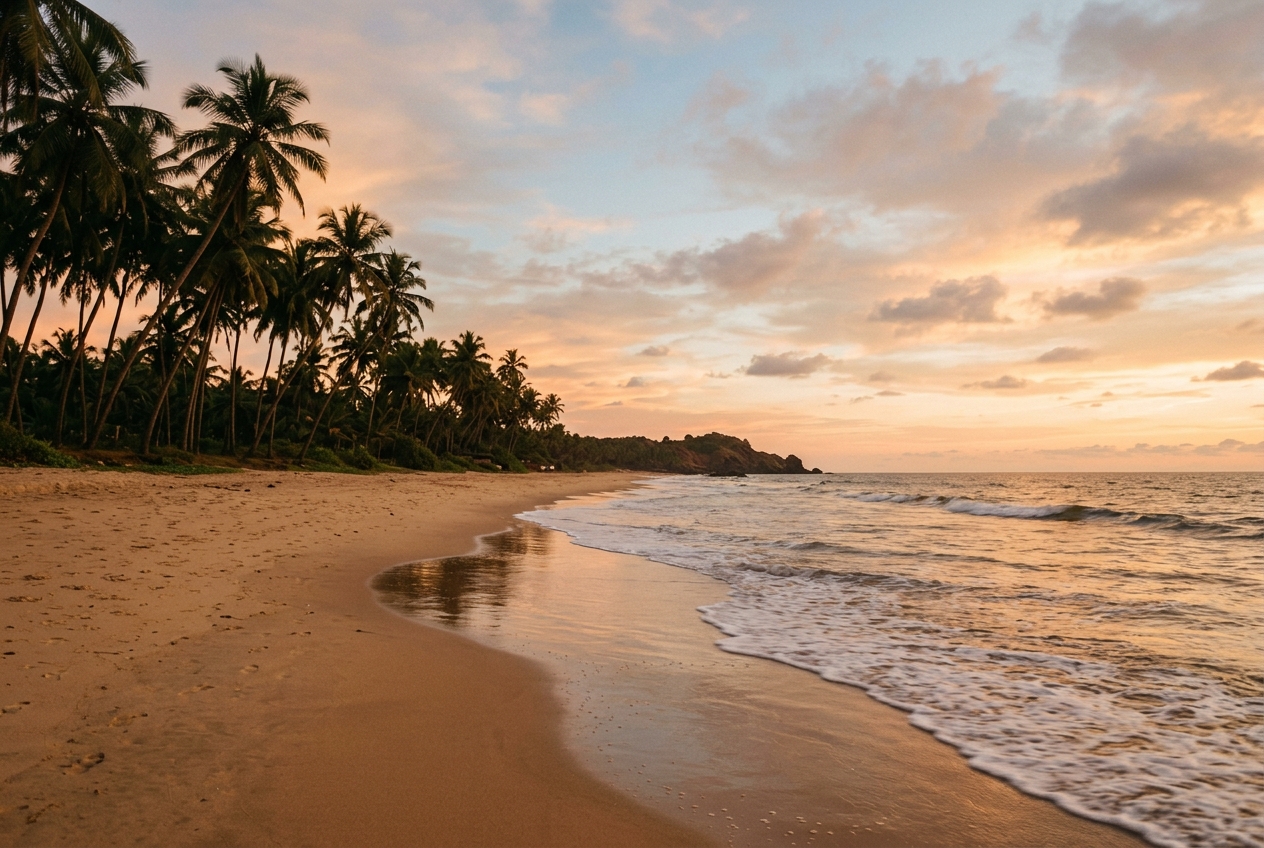 Mindful travel photo of an empty golden sand beach in South Goa lined with tall coconut palm trees at sunset