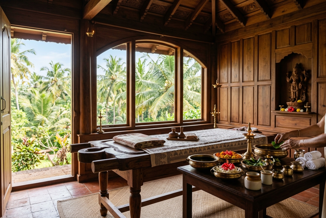 A traditional Ayurvedic treatment table in Kerala crafted from rich dark wood and surrounded by bronze oil vessels looking out over palm trees