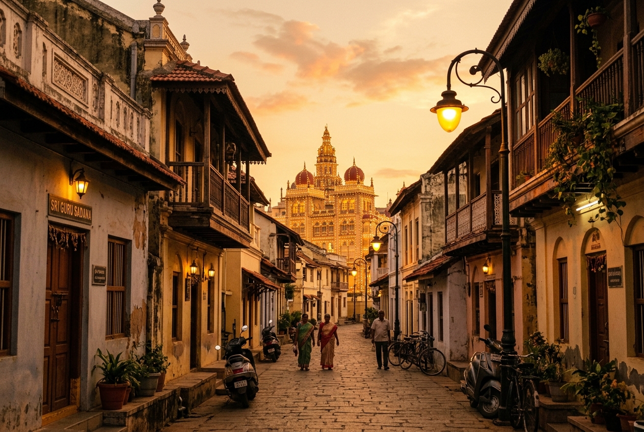 A traditional side street in Mysore featuring heritage houses and street lamps with the illuminated Mysore Palace in the background during golden hour