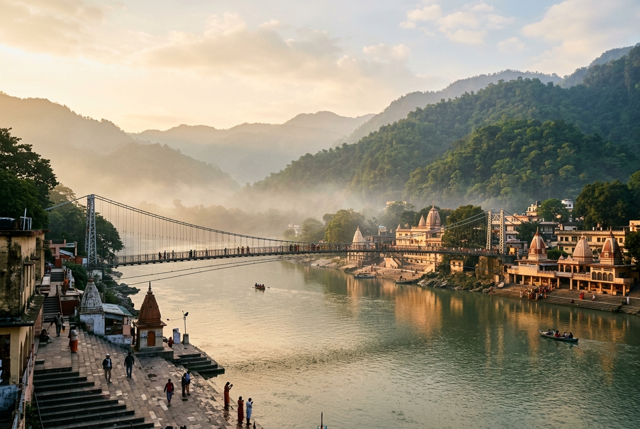 The historic Lakshman Jhula bridge crossing the holy Ganges River in Rishikesh nestled within green Himalayan mountains during sunrise
