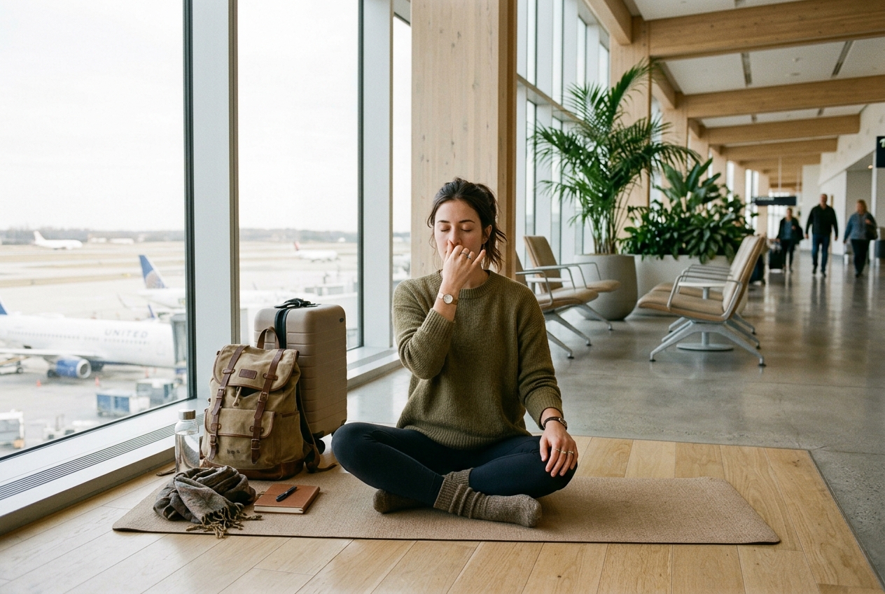 A traveler practicing Nadi Shodhana breathwork in a quiet airport terminal