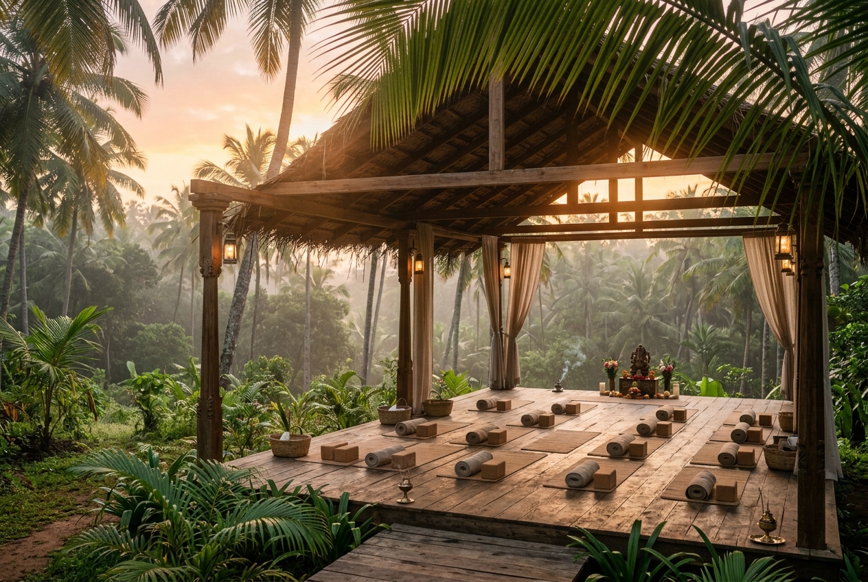 A serene outdoor yoga shala in India during early morning sunrise